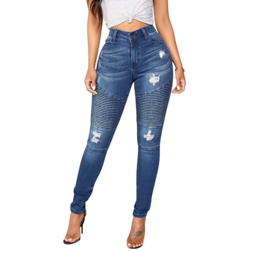 Fashion Nova Chopper Moto Dark Denim Distressed Ripped Jeans Size 15